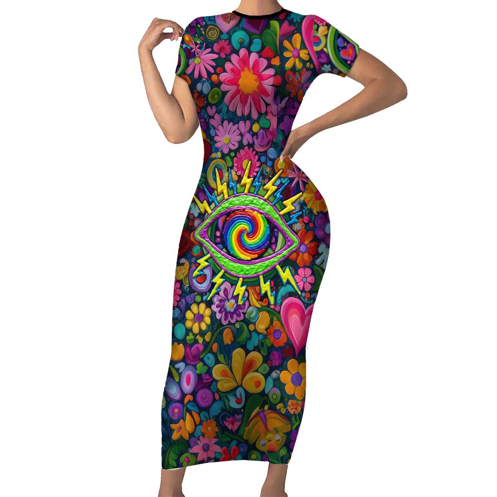 Psychedelic Visionary Woman Hippie Short Sleeve Bodycon Dress Tune In, Turn On, Drop Out - Flower Power Awakening