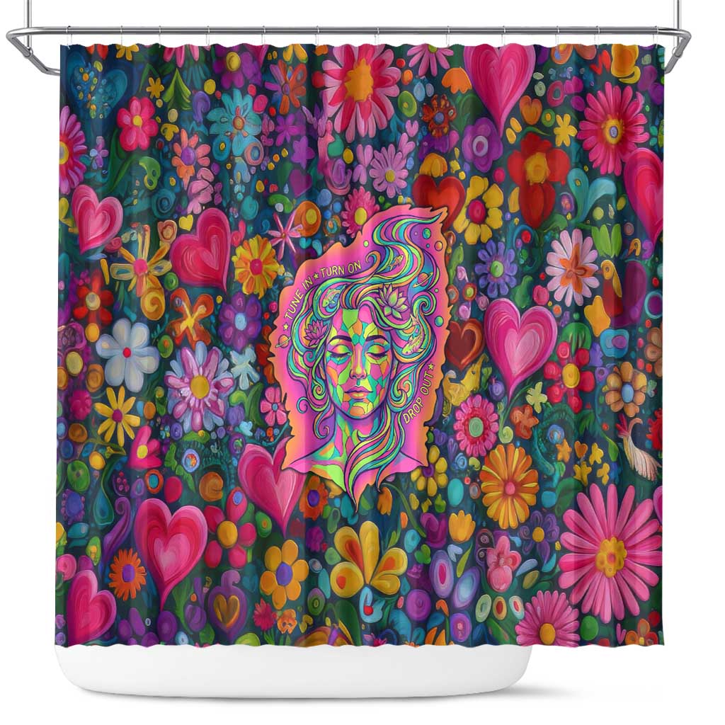Psychedelic Visionary Woman Hippie Shower Curtain Tune In, Turn On, Drop Out - Flower Power Awakening