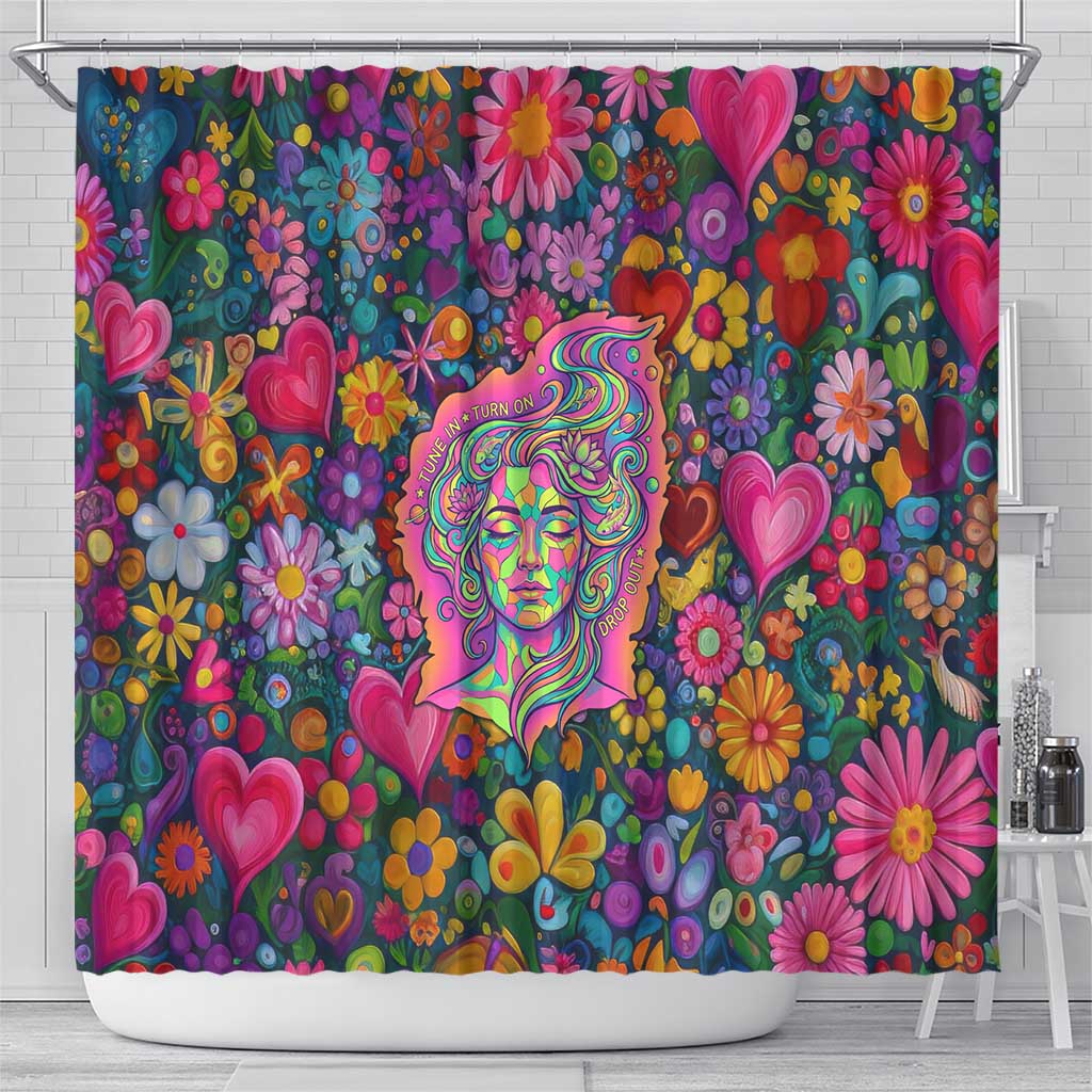 Psychedelic Visionary Woman Hippie Shower Curtain Tune In, Turn On, Drop Out - Flower Power Awakening
