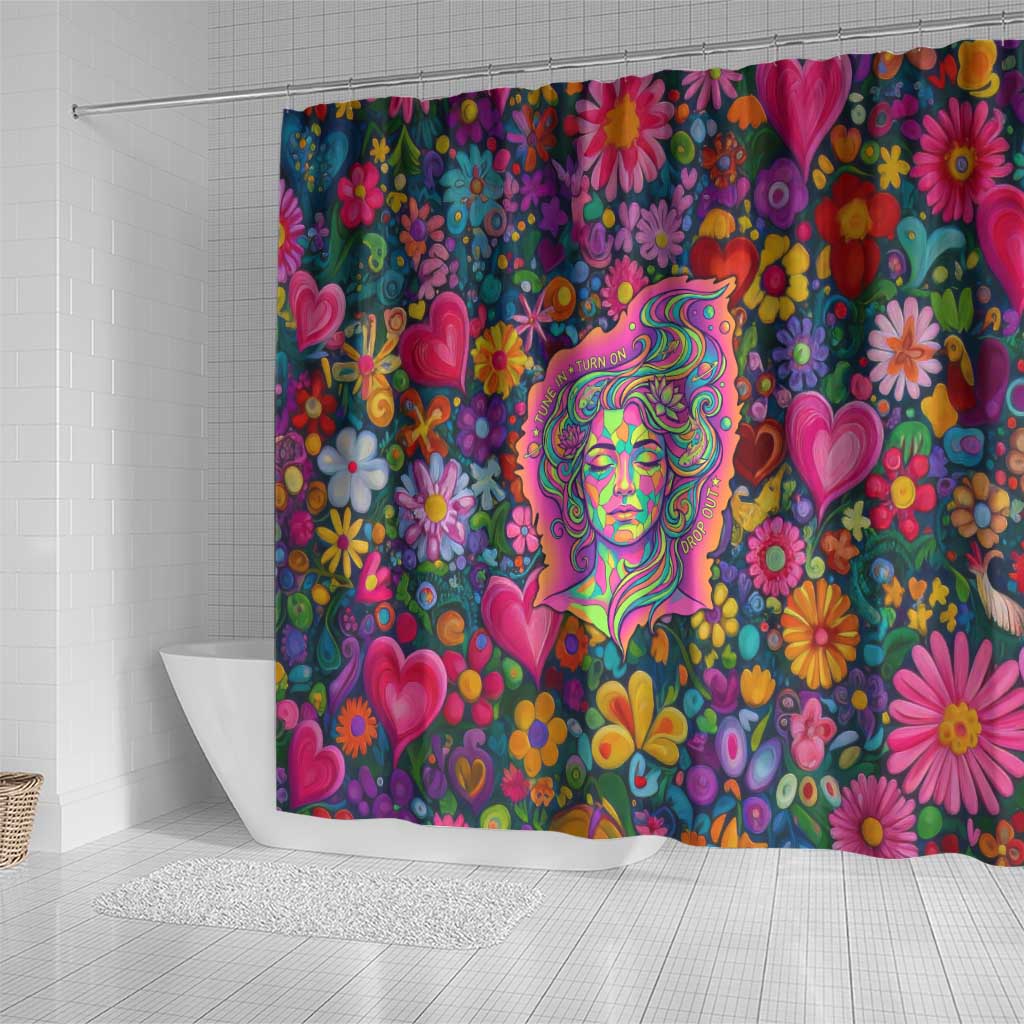 Psychedelic Visionary Woman Hippie Shower Curtain Tune In, Turn On, Drop Out - Flower Power Awakening