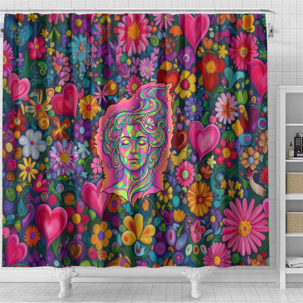 Psychedelic Visionary Woman Hippie Shower Curtain Tune In, Turn On, Drop Out - Flower Power Awakening