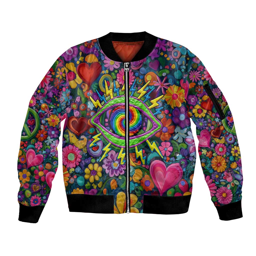 Psychedelic Visionary Woman Hippie Sleeve Zip Bomber Jacket Tune In, Turn On, Drop Out - Flower Power Awakening