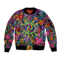 Psychedelic Visionary Woman Hippie Sleeve Zip Bomber Jacket Tune In, Turn On, Drop Out - Flower Power Awakening