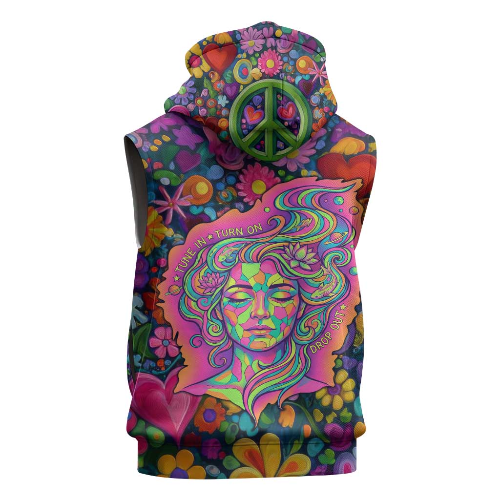 Psychedelic Visionary Woman Hippie Sleeveless Hoodie Tune In, Turn On, Drop Out - Flower Power Awakening