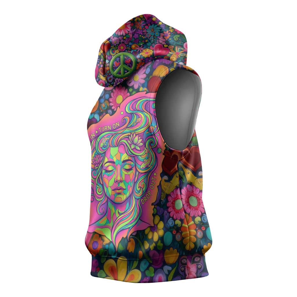 Psychedelic Visionary Woman Hippie Sleeveless Hoodie Tune In, Turn On, Drop Out - Flower Power Awakening