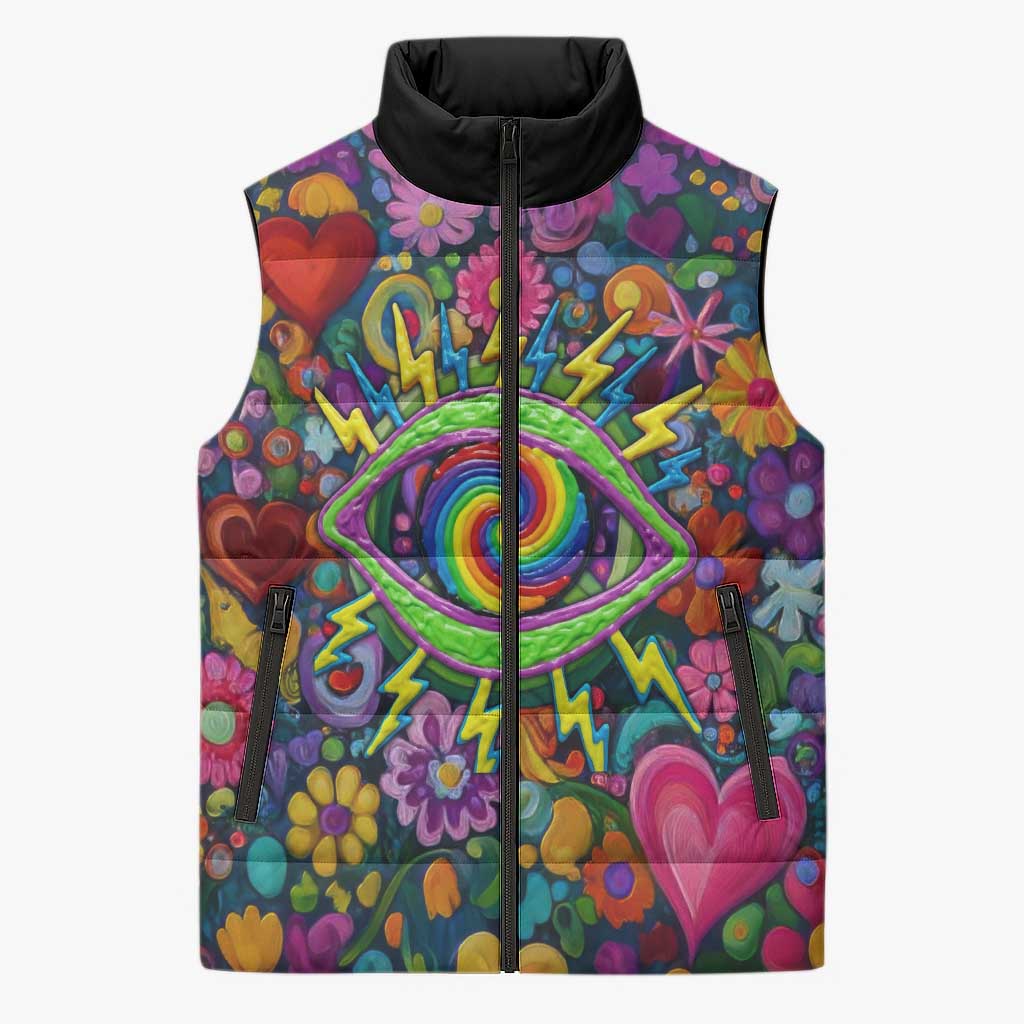 Psychedelic Visionary Woman Hippie Sleeveless Puffer Jacket Tune In, Turn On, Drop Out - Flower Power Awakening