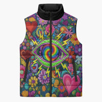 Psychedelic Visionary Woman Hippie Sleeveless Puffer Jacket Tune In, Turn On, Drop Out - Flower Power Awakening