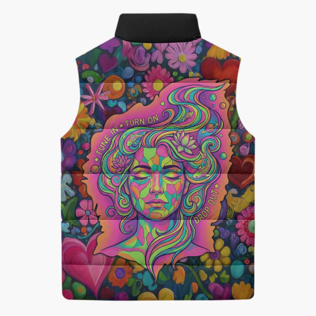 Psychedelic Visionary Woman Hippie Sleeveless Puffer Jacket Tune In, Turn On, Drop Out - Flower Power Awakening
