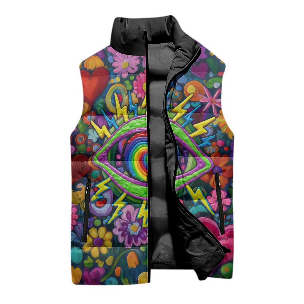 Psychedelic Visionary Woman Hippie Sleeveless Puffer Jacket Tune In, Turn On, Drop Out - Flower Power Awakening