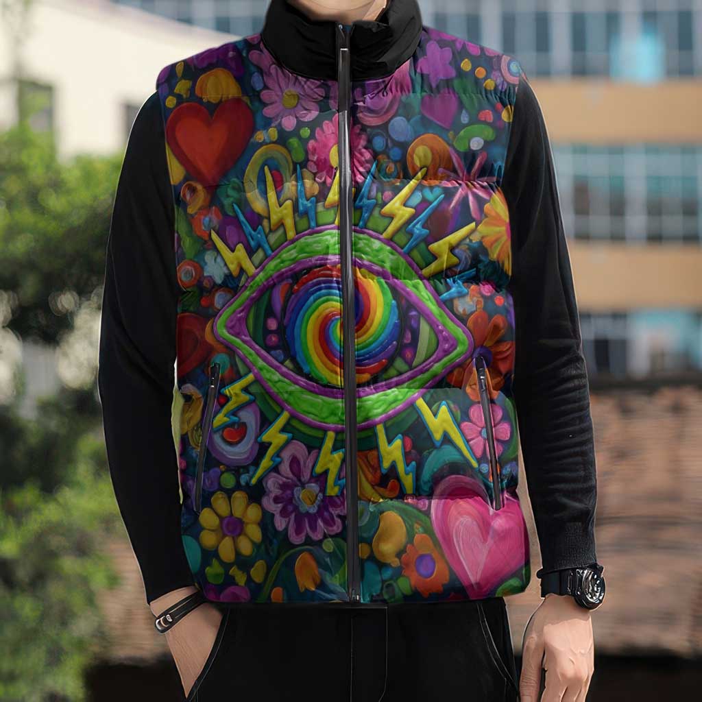 Psychedelic Visionary Woman Hippie Sleeveless Puffer Jacket Tune In, Turn On, Drop Out - Flower Power Awakening
