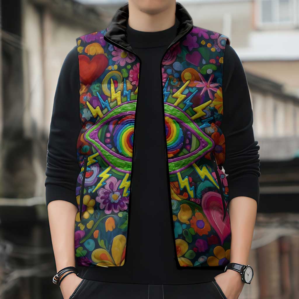 Psychedelic Visionary Woman Hippie Sleeveless Puffer Jacket Tune In, Turn On, Drop Out - Flower Power Awakening