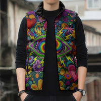 Psychedelic Visionary Woman Hippie Sleeveless Puffer Jacket Tune In, Turn On, Drop Out - Flower Power Awakening