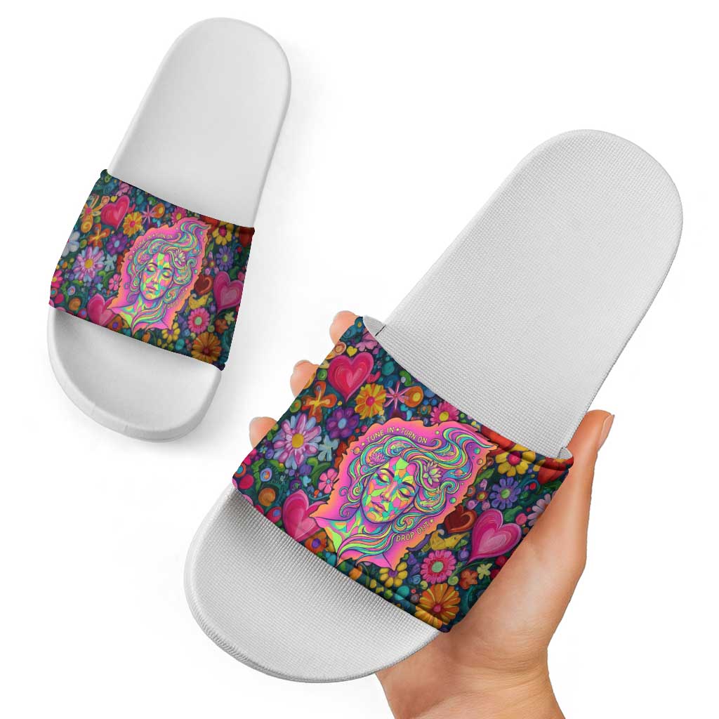 Psychedelic Visionary Woman Hippie Slide Sandals Tune In, Turn On, Drop Out - Flower Power Awakening