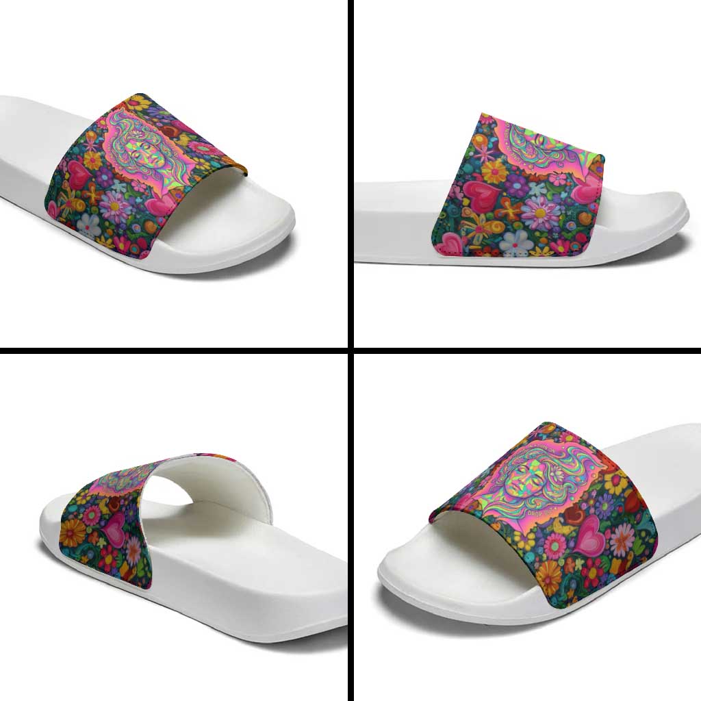 Psychedelic Visionary Woman Hippie Slide Sandals Tune In, Turn On, Drop Out - Flower Power Awakening