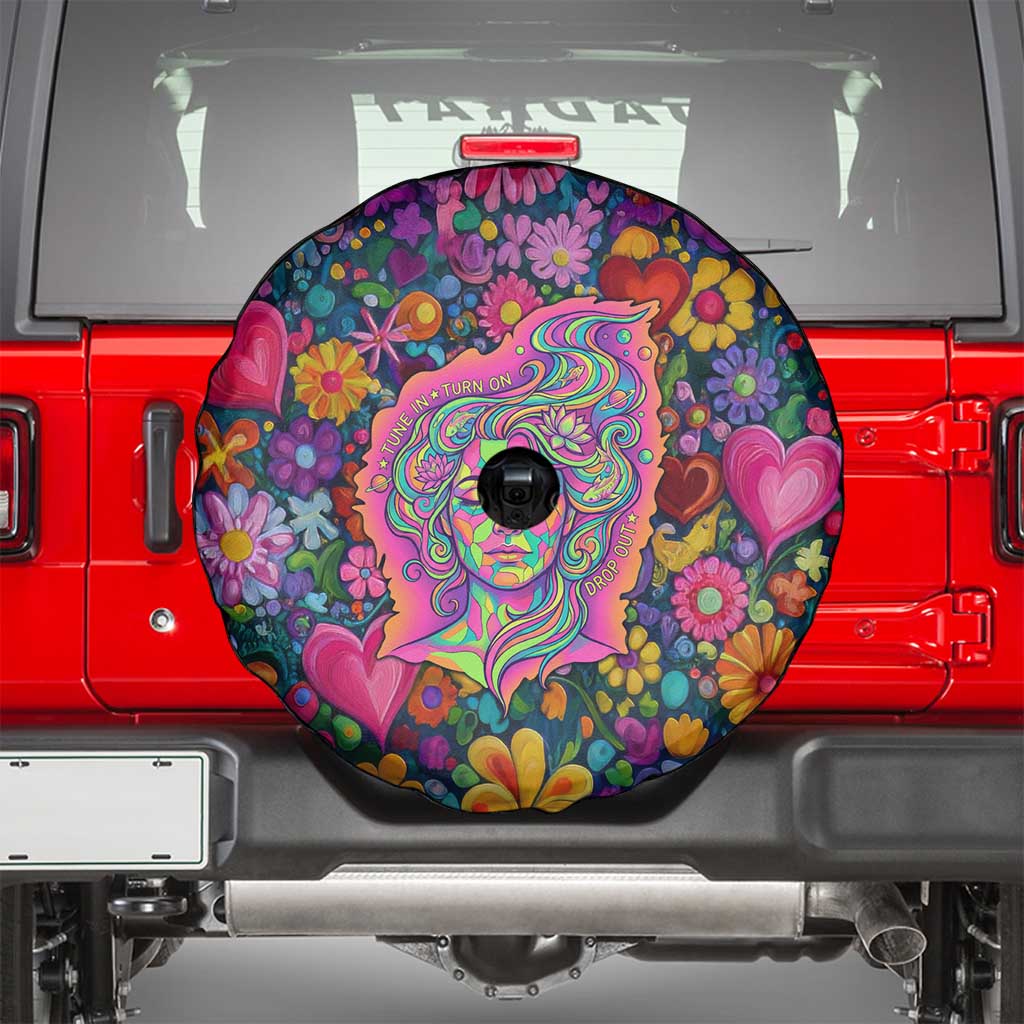 Psychedelic Visionary Woman Hippie Spare Tire Cover Tune In, Turn On, Drop Out - Flower Power Awakening