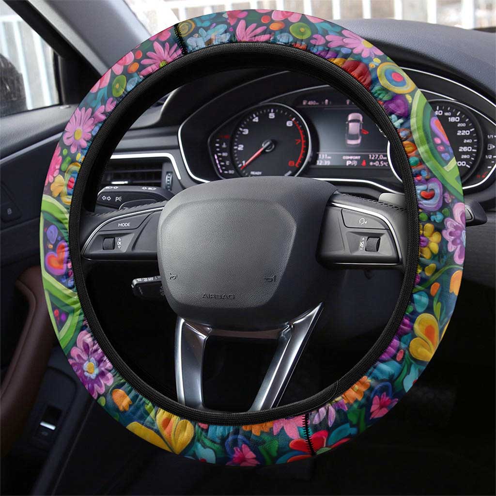 Psychedelic Visionary Woman Hippie Steering Wheel Cover Tune In, Turn On, Drop Out - Flower Power Awakening