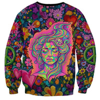 Psychedelic Visionary Woman Hippie Sweatshirt Tune In, Turn On, Drop Out - Flower Power Awakening