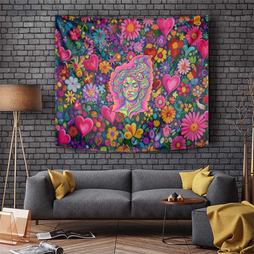 Psychedelic Visionary Woman Hippie Tapestry Tune In, Turn On, Drop Out - Flower Power Awakening