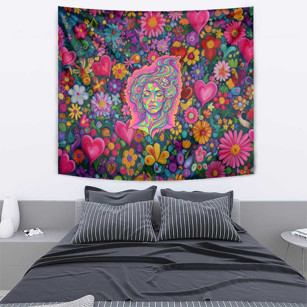 Psychedelic Visionary Woman Hippie Tapestry Tune In, Turn On, Drop Out - Flower Power Awakening