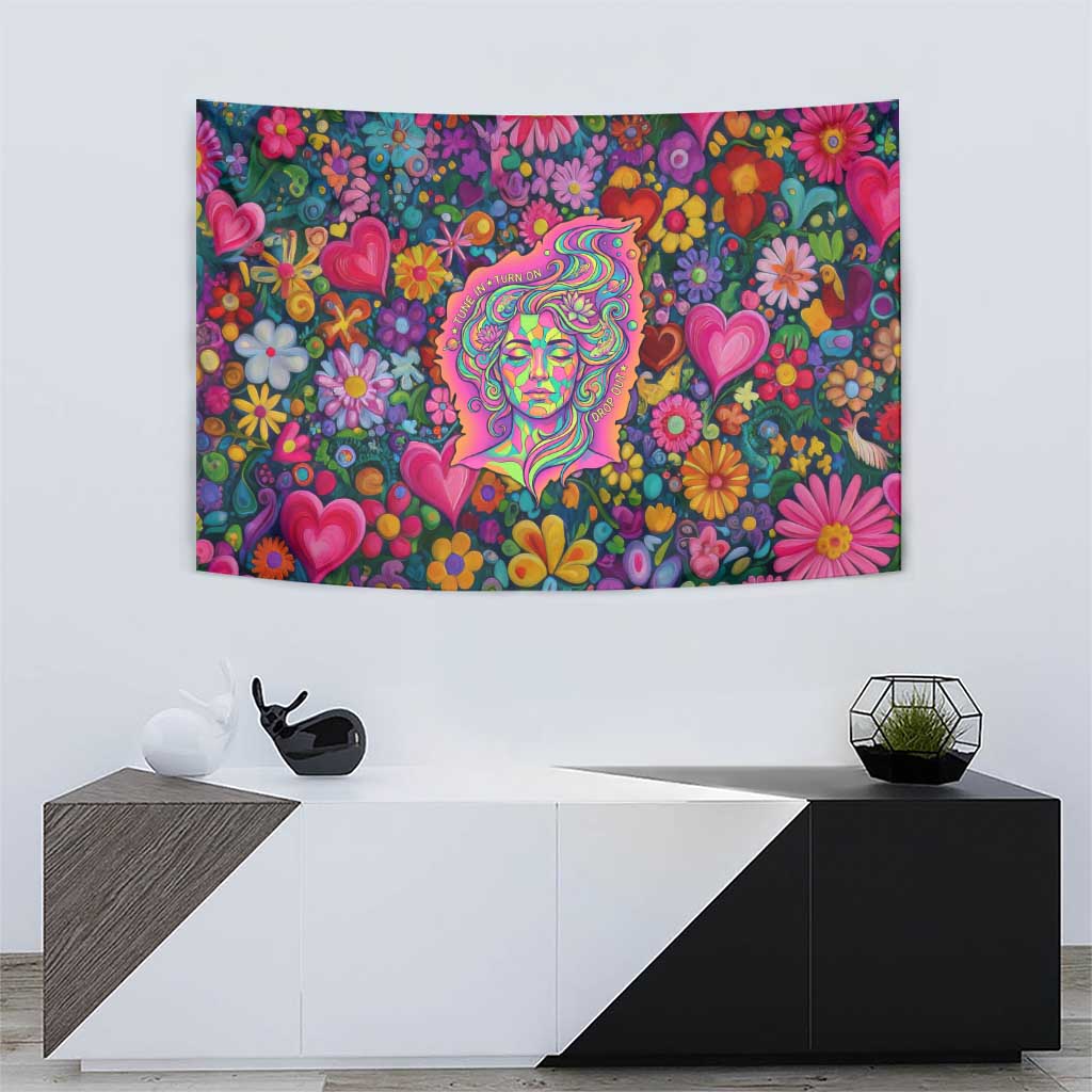 Psychedelic Visionary Woman Hippie Tapestry Tune In, Turn On, Drop Out - Flower Power Awakening