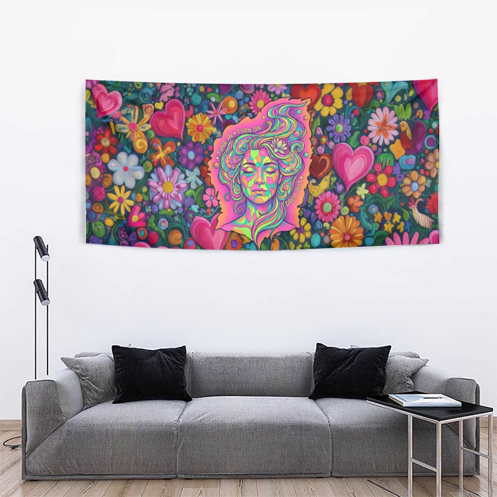 Psychedelic Visionary Woman Hippie Tapestry Tune In, Turn On, Drop Out - Flower Power Awakening