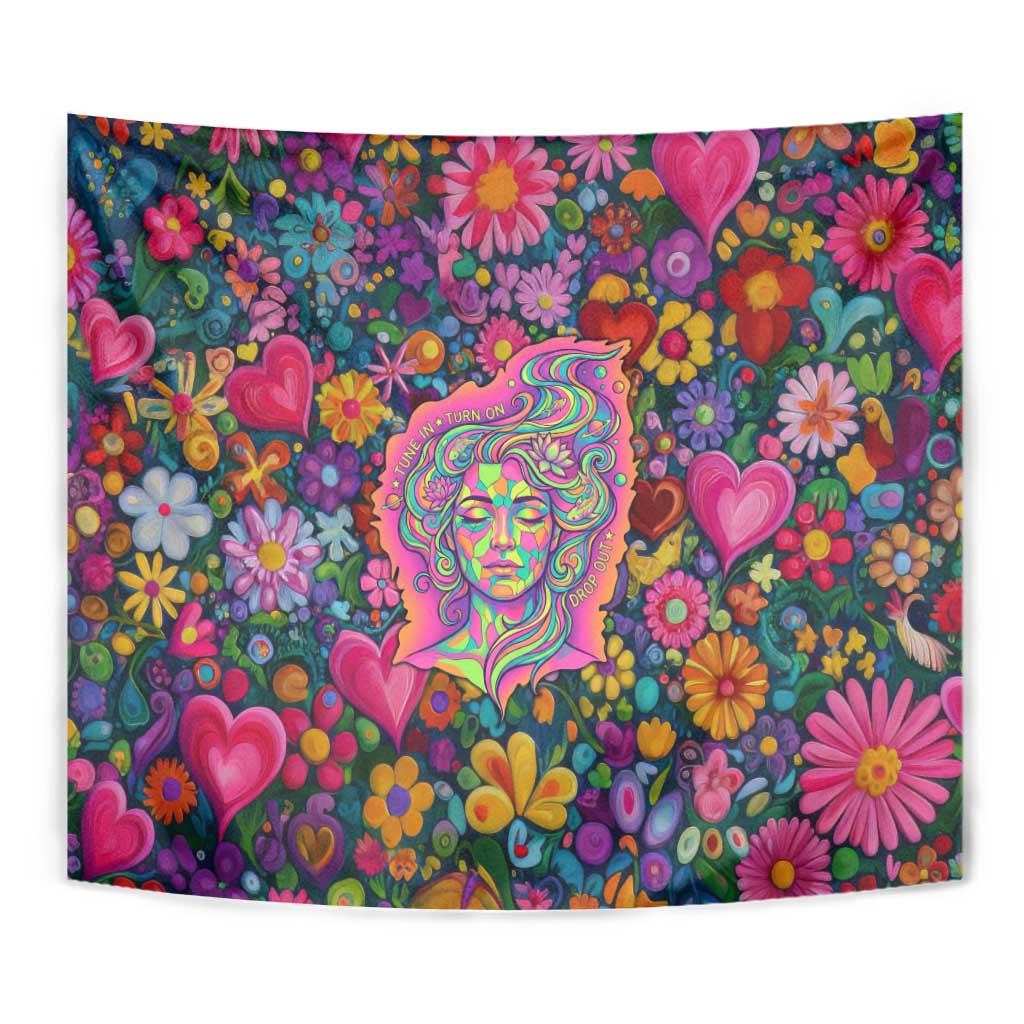 Psychedelic Visionary Woman Hippie Tapestry Tune In, Turn On, Drop Out - Flower Power Awakening