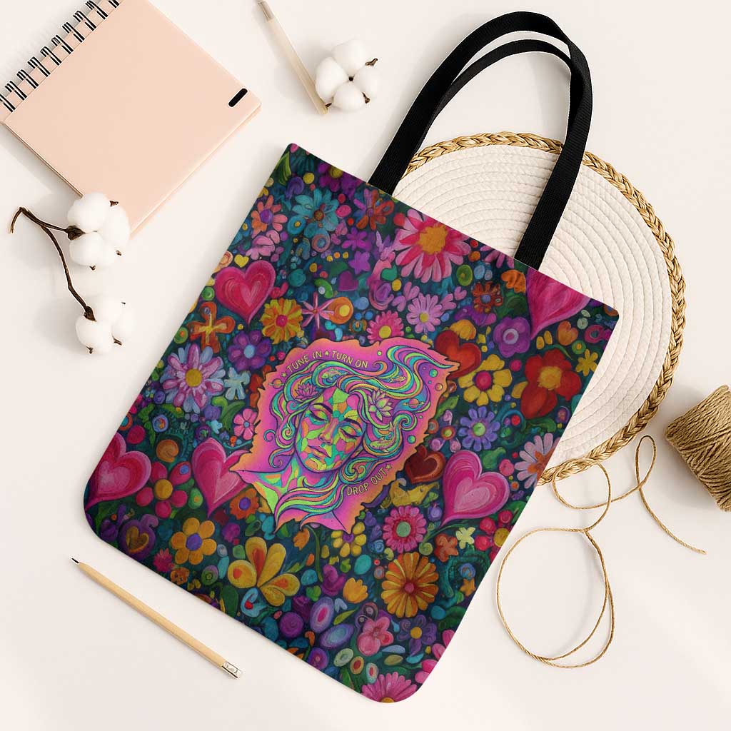 Psychedelic Visionary Woman Hippie Tote Bag Tune In, Turn On, Drop Out - Flower Power Awakening