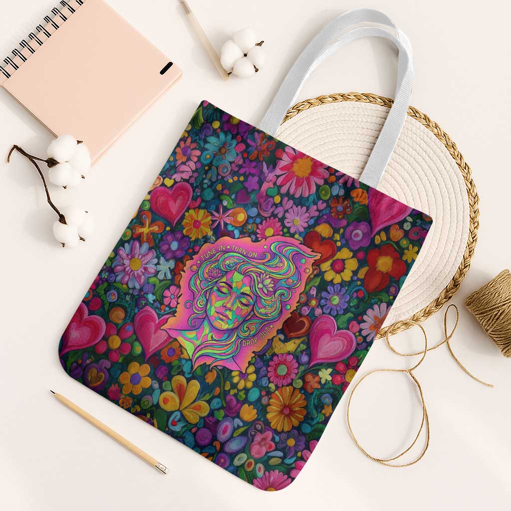 Psychedelic Visionary Woman Hippie Tote Bag Tune In, Turn On, Drop Out - Flower Power Awakening