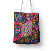 Psychedelic Visionary Woman Hippie Tote Bag Tune In, Turn On, Drop Out - Flower Power Awakening