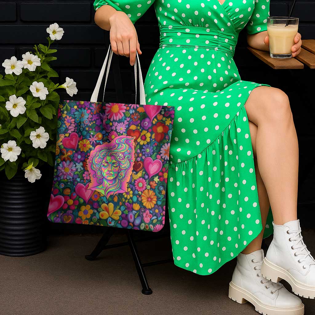 Psychedelic Visionary Woman Hippie Tote Bag Tune In, Turn On, Drop Out - Flower Power Awakening