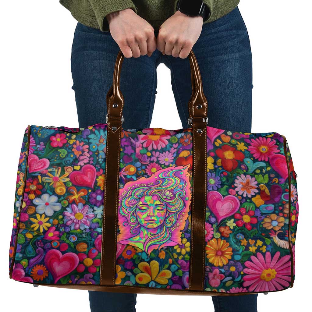 Psychedelic Visionary Woman Hippie Travel Bag Tune In, Turn On, Drop Out - Flower Power Awakening