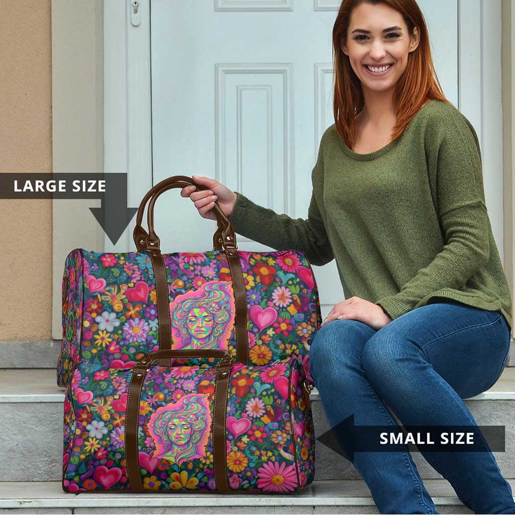 Psychedelic Visionary Woman Hippie Travel Bag Tune In, Turn On, Drop Out - Flower Power Awakening