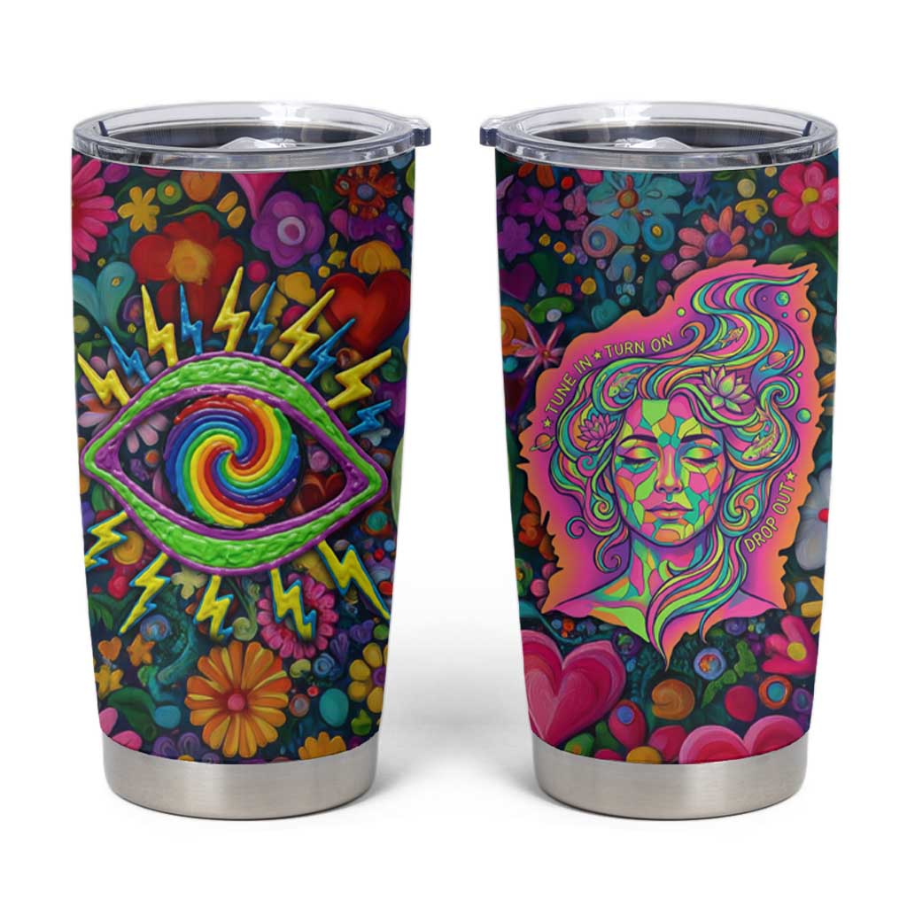 Psychedelic Visionary Woman Hippie Tumbler Cup Tune In, Turn On, Drop Out - Flower Power Awakening