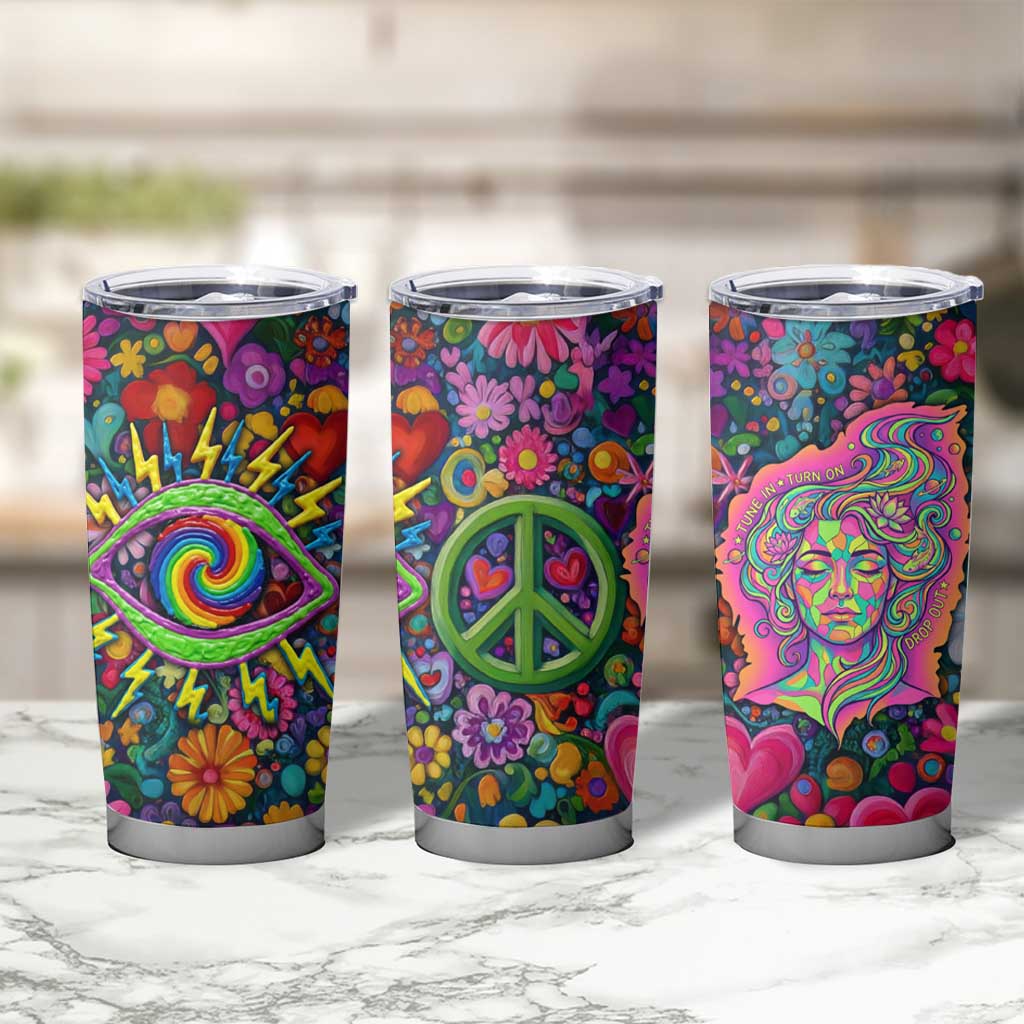Psychedelic Visionary Woman Hippie Tumbler Cup Tune In, Turn On, Drop Out - Flower Power Awakening