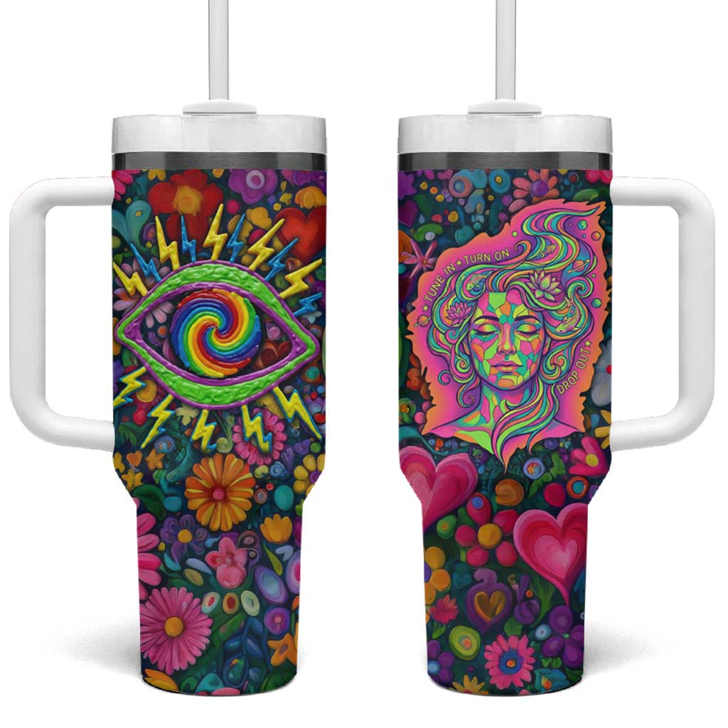 Psychedelic Visionary Woman Hippie Tumbler With Handle Tune In, Turn On, Drop Out - Flower Power Awakening
