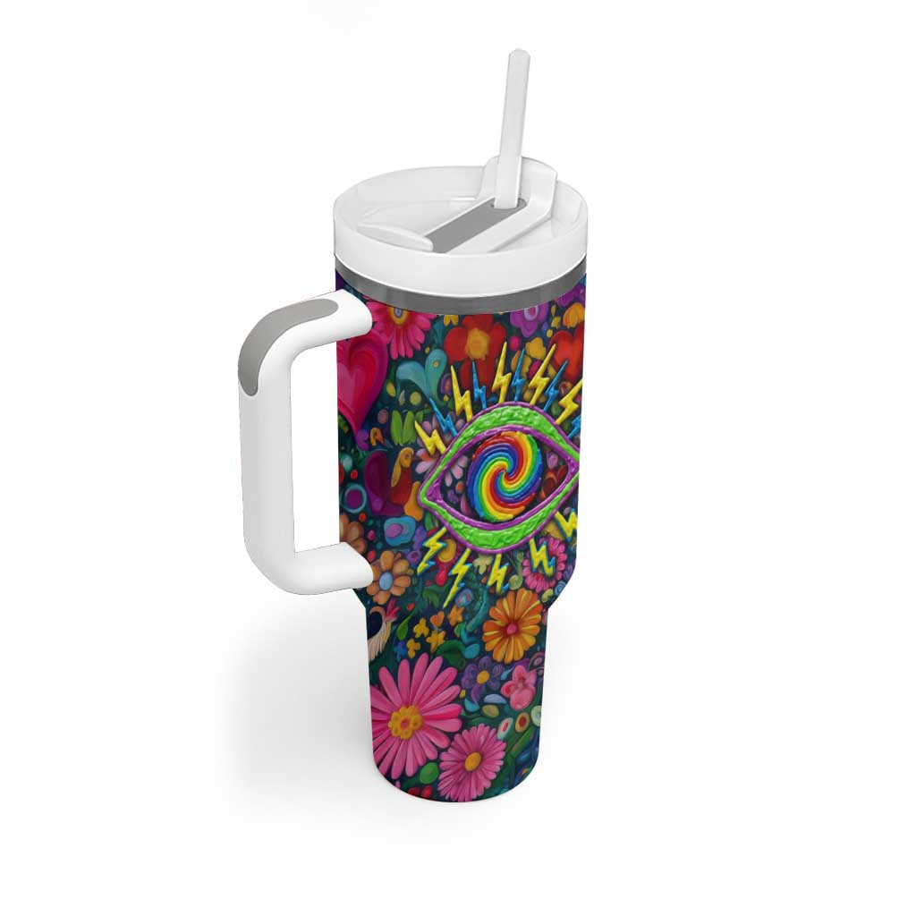 Psychedelic Visionary Woman Hippie Tumbler With Handle Tune In, Turn On, Drop Out - Flower Power Awakening