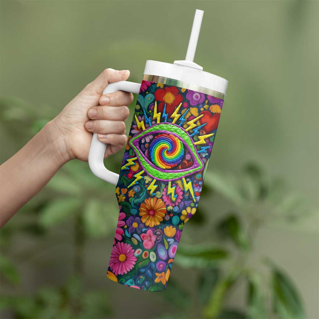 Psychedelic Visionary Woman Hippie Tumbler With Handle Tune In, Turn On, Drop Out - Flower Power Awakening