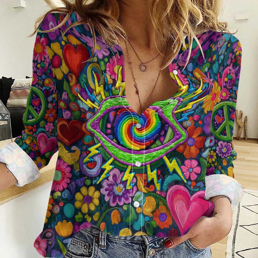 Psychedelic Visionary Woman Hippie Women Casual Shirt Tune In, Turn On, Drop Out - Flower Power Awakening
