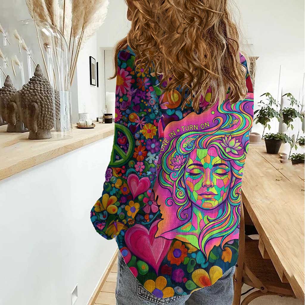 Psychedelic Visionary Woman Hippie Women Casual Shirt Tune In, Turn On, Drop Out - Flower Power Awakening