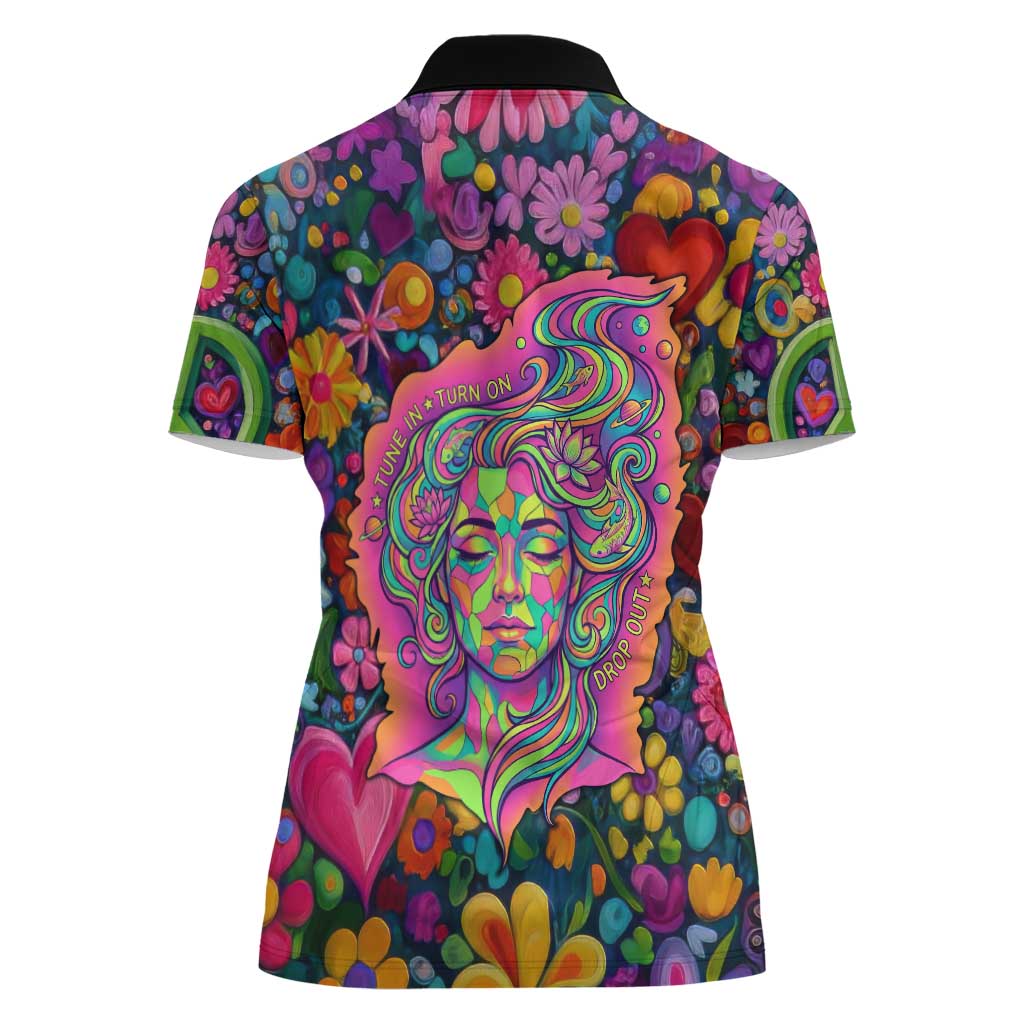 Psychedelic Visionary Woman Hippie Women Polo Shirt Tune In, Turn On, Drop Out - Flower Power Awakening
