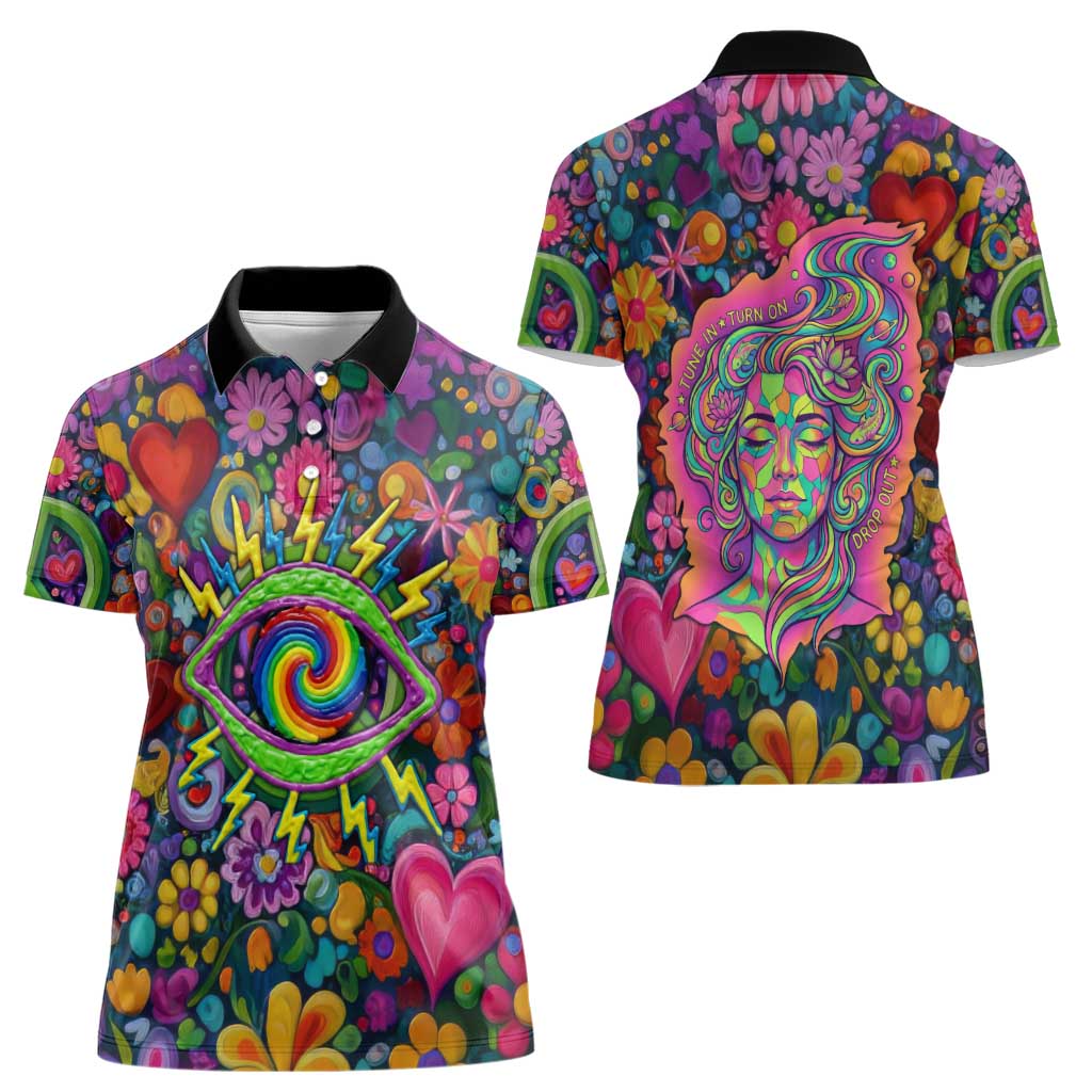 Psychedelic Visionary Woman Hippie Women Polo Shirt Tune In, Turn On, Drop Out - Flower Power Awakening