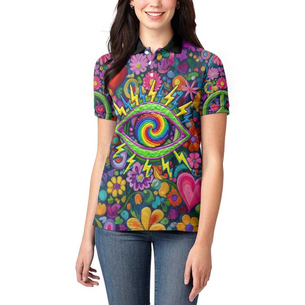Psychedelic Visionary Woman Hippie Women Polo Shirt Tune In, Turn On, Drop Out - Flower Power Awakening