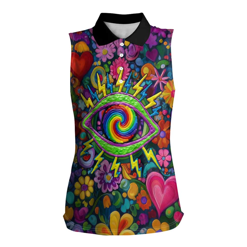 Psychedelic Visionary Woman Hippie Women Sleeveless Polo Shirt Tune In, Turn On, Drop Out - Flower Power Awakening