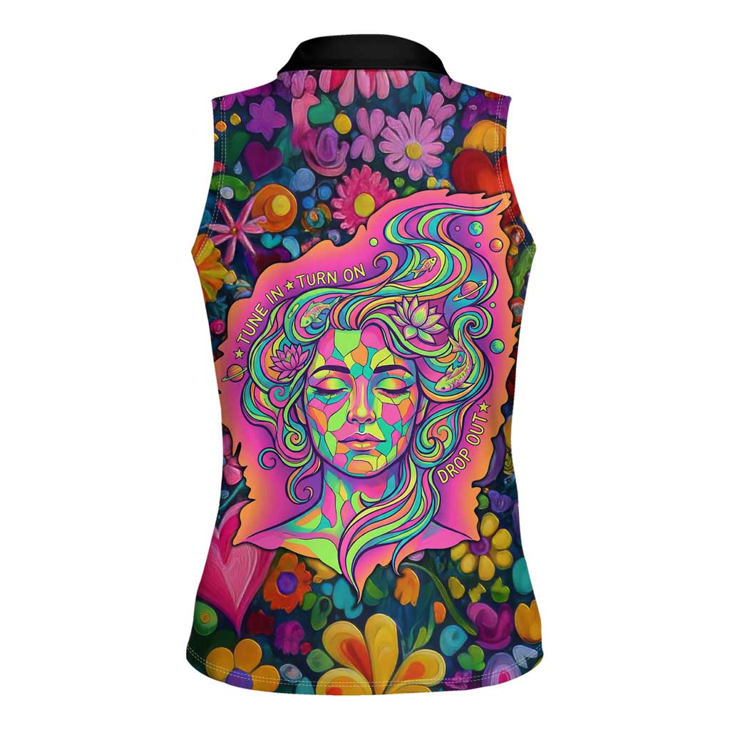 Psychedelic Visionary Woman Hippie Women Sleeveless Polo Shirt Tune In, Turn On, Drop Out - Flower Power Awakening