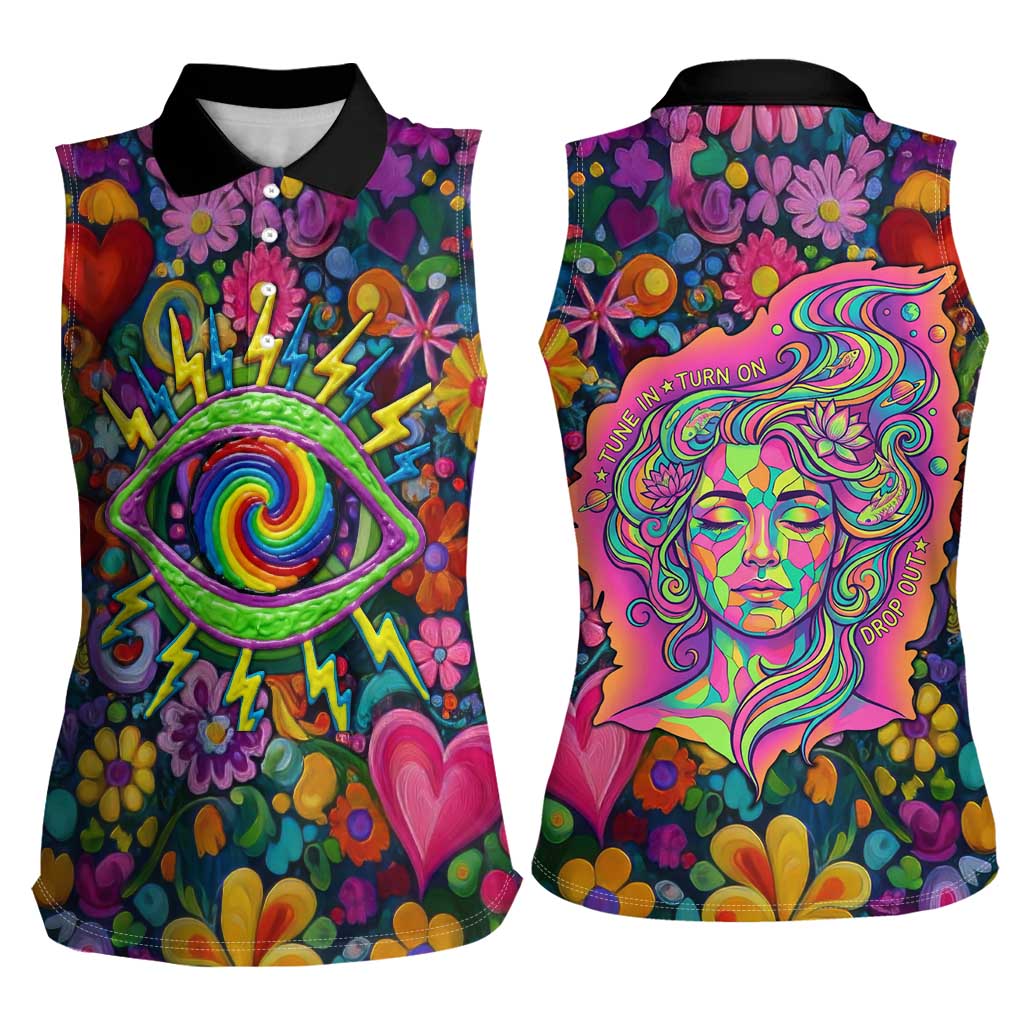 Psychedelic Visionary Woman Hippie Women Sleeveless Polo Shirt Tune In, Turn On, Drop Out - Flower Power Awakening