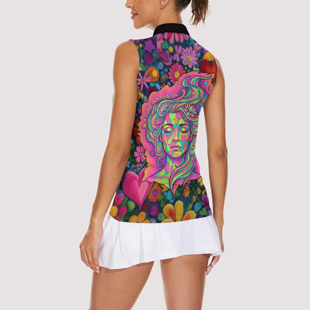 Psychedelic Visionary Woman Hippie Women Sleeveless Polo Shirt Tune In, Turn On, Drop Out - Flower Power Awakening
