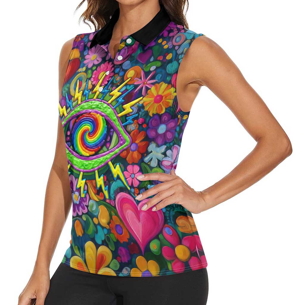 Psychedelic Visionary Woman Hippie Women Sleeveless Polo Shirt Tune In, Turn On, Drop Out - Flower Power Awakening