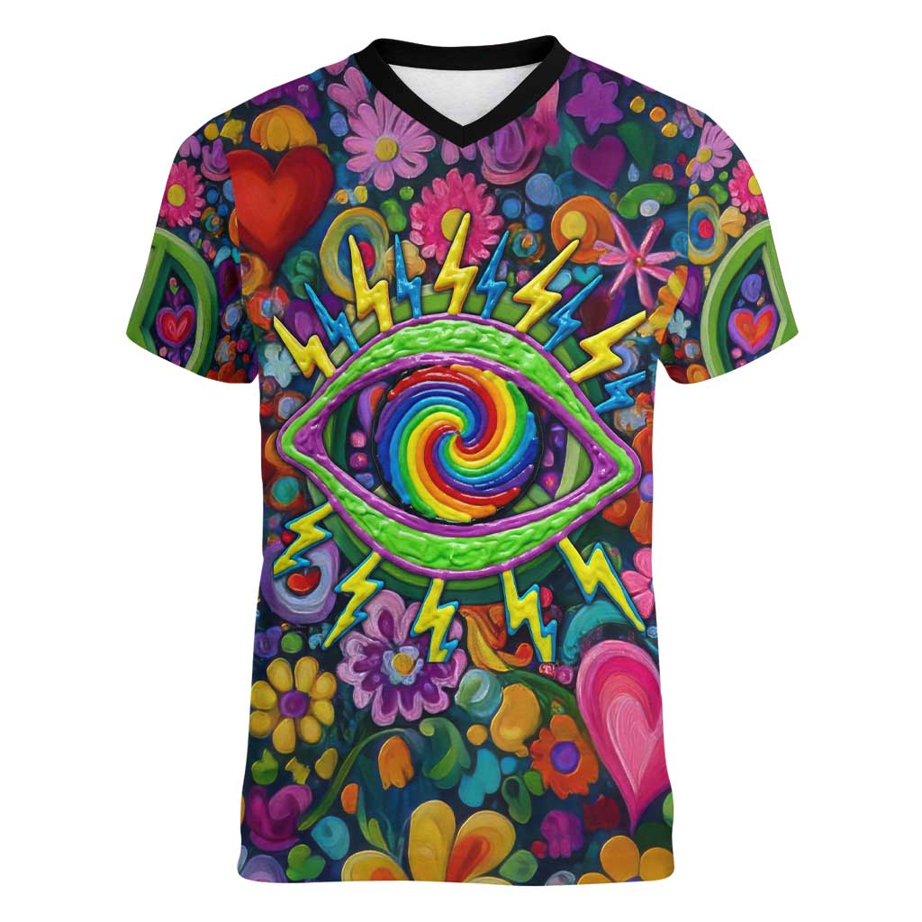 Psychedelic Visionary Woman Hippie Women V-Neck T-Shirt Tune In, Turn On, Drop Out - Flower Power Awakening