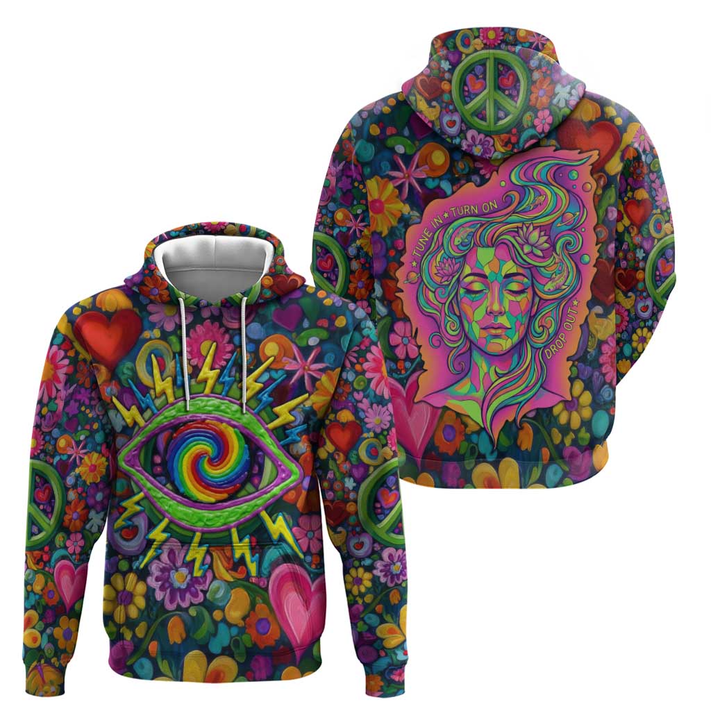 Psychedelic Visionary Woman Hippie Zip Hoodie Tune In, Turn On, Drop Out - Flower Power Awakening