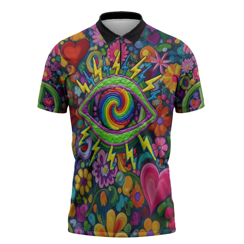 Psychedelic Visionary Woman Hippie Zipper Polo Shirt Tune In, Turn On, Drop Out - Flower Power Awakening